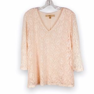 Vintage Y2K Motto Peach Pink Lace V-Neck Top‎ Shirt Womens Size Large L